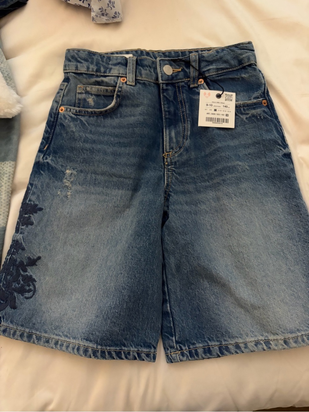 Zara Blue Denim Girls' Floral Embroidered Shorts